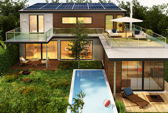 Modern house with pool and solar panels. 3D rendering; Shutterstock ID 1255076710